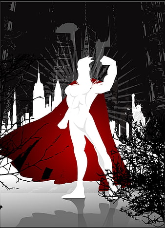 Stylized superhero silhouette with red cape in urban cityscape