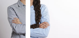 Split screen of man and woman with crossed arms