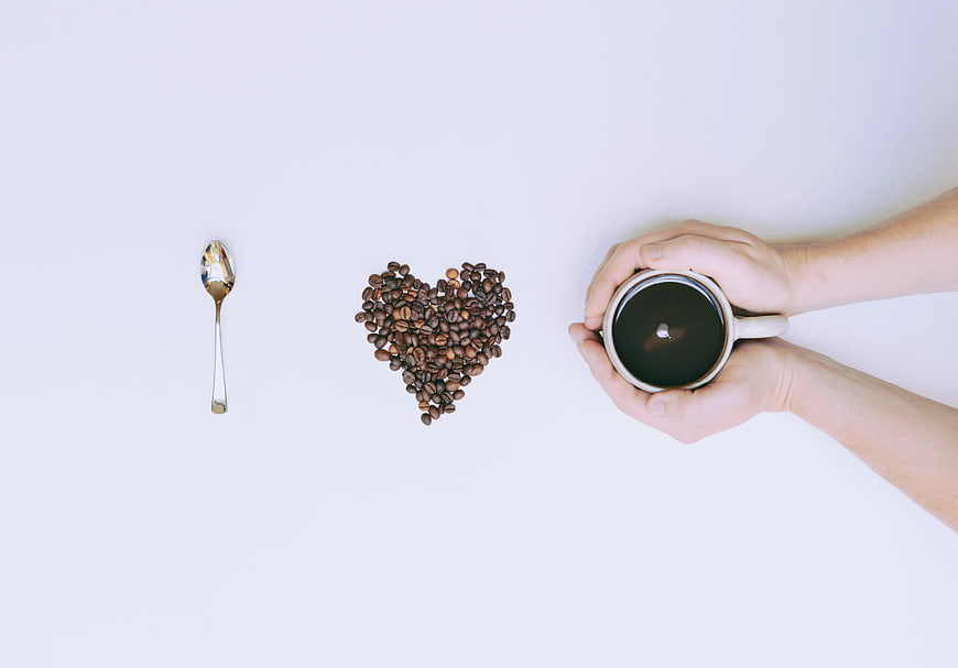 Flat Lay Coffee Beans Heart Shape and Mug