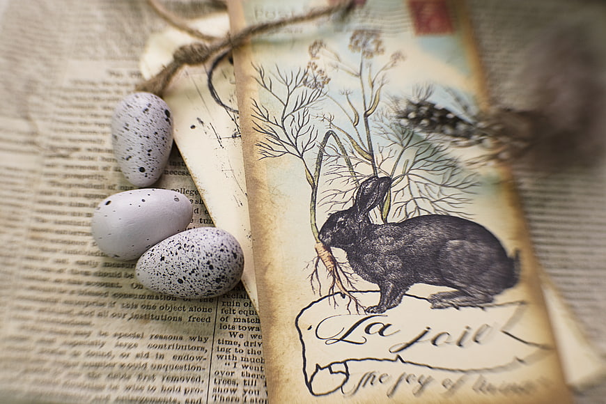 Rustic Easter eggs and vintage rabbit illustration on old book