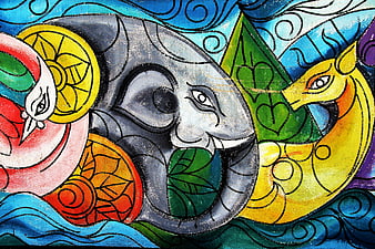 Colorful Street Art Mural Featuring Elephant And Mythical Creatures