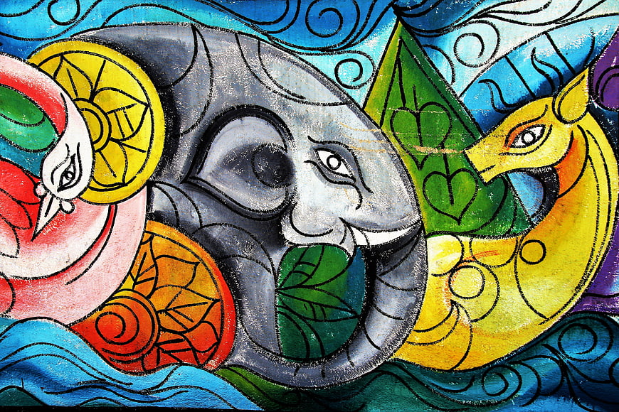 Colorful Street Art Mural Featuring Elephant And Mythical Creatures