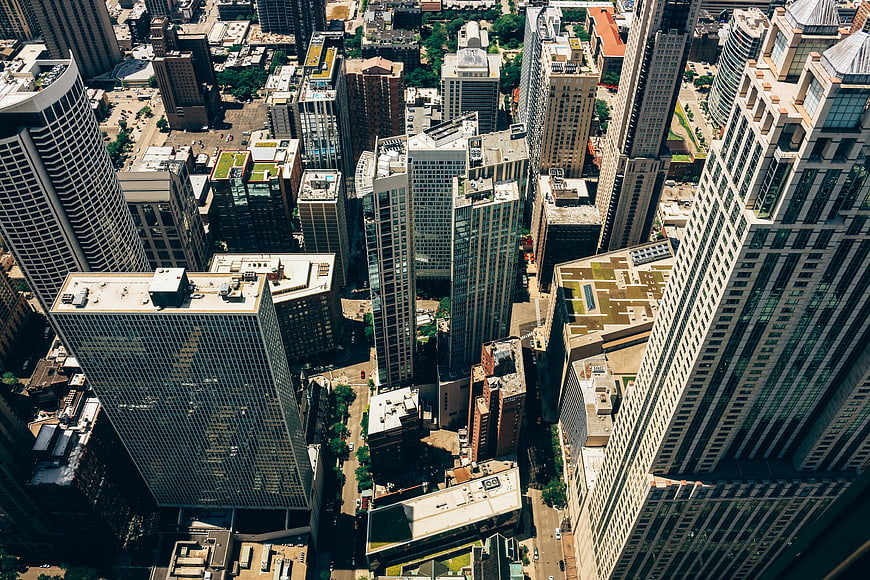 Aerial View of Modern Skyscrapers in Urban Cityscape