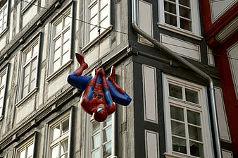 Spiderman statue hanging upside down on historic building facade