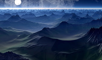 Mystical Moonlit Mountain Landscape with Foggy Valleys