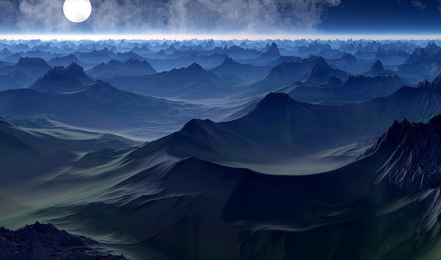 Mystical Moonlit Mountain Landscape with Foggy Valleys