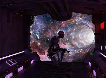 Lonely Robot Gazing at Galaxy in Sci-Fi Space Station