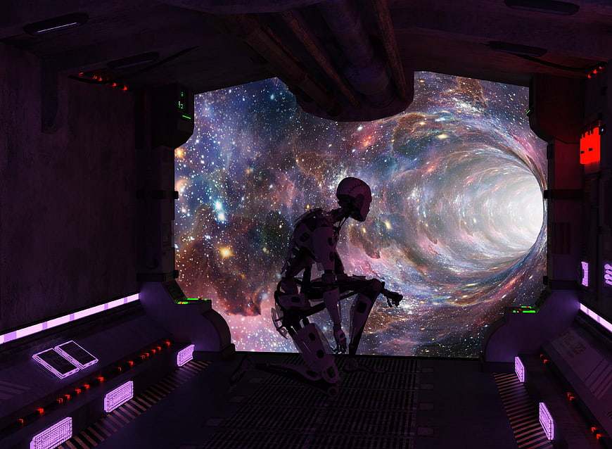 Lonely Robot Gazing at Galaxy in Sci-Fi Space Station