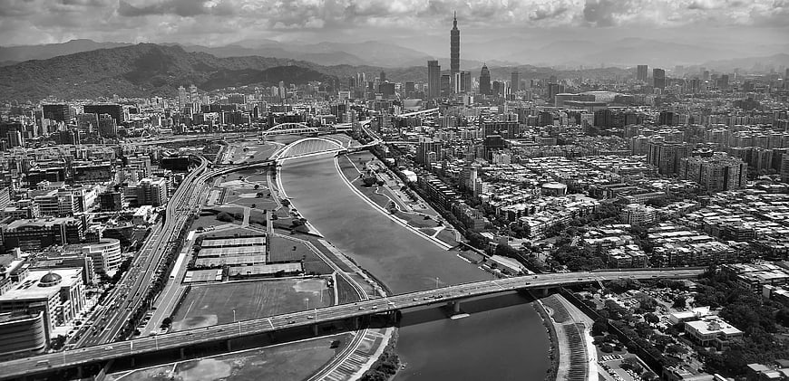 Black and White Aerial View of Taipei Cityscape and River