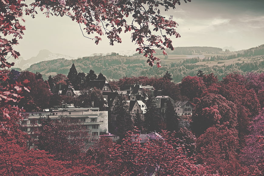 Vibrant Pink and Purple Autumn Landscape with Village