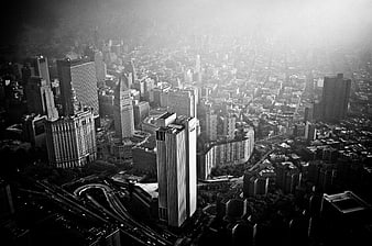 Aerial black and white view of Chicago skyline in fog