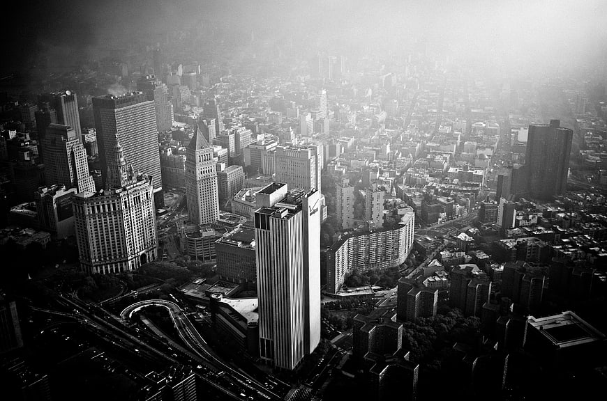 Aerial black and white view of Chicago skyline in fog