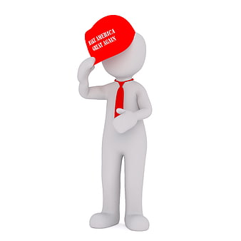3D cartoon man tipping red MAGA hat with red tie on white background