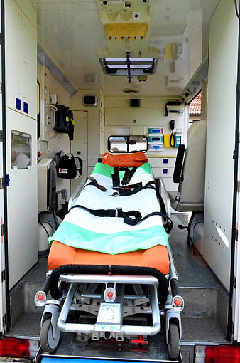 Interior of an ambulance with stretcher and medical equipment