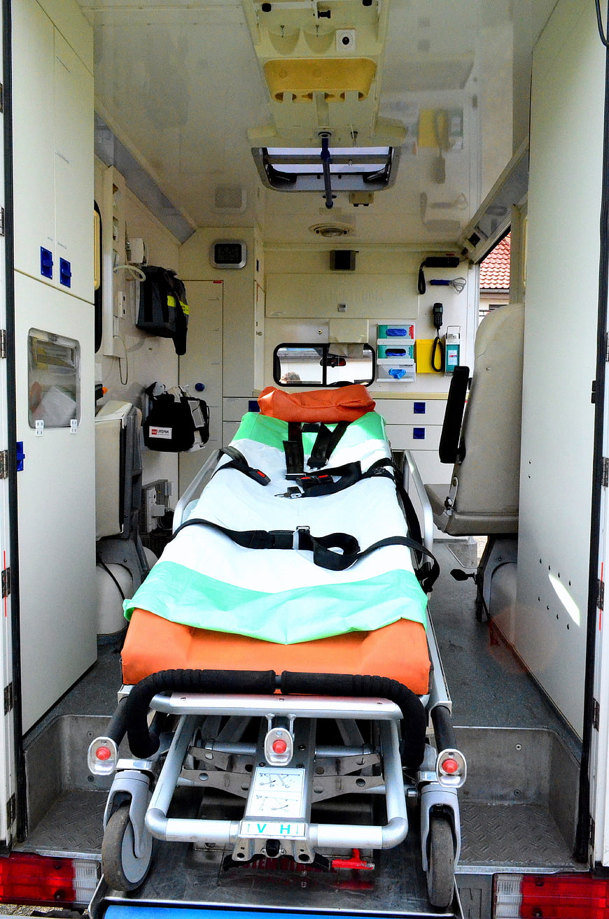 Interior of an ambulance with stretcher and medical equipment