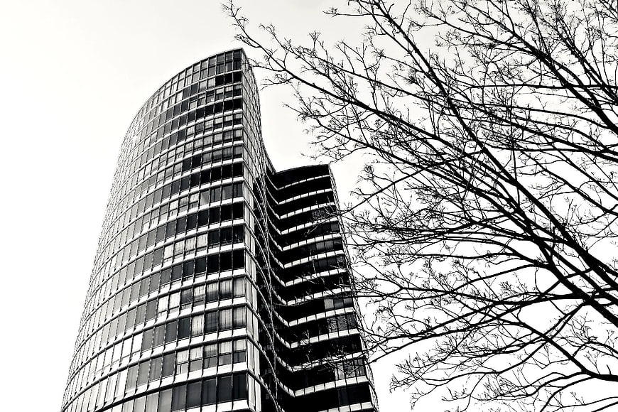 Black and white modern curved skyscraper with bare tree branches