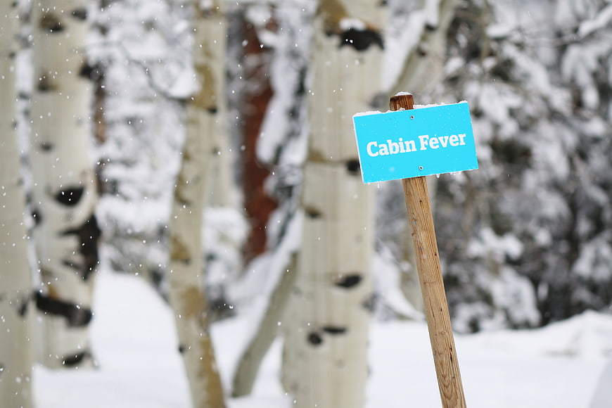 Cabin Fever Sign in Snowy Aspen Forest