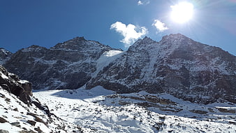 Snowy Mountain Peaks Under Bright Sun