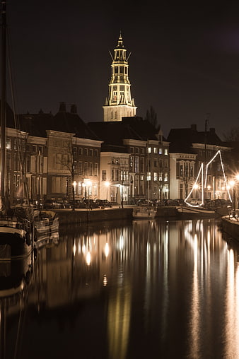 A-kerk Church Tower Reflection in Groningen Canal at Night