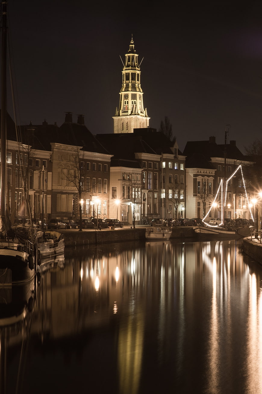 A-kerk Church Tower Reflection in Groningen Canal at Night