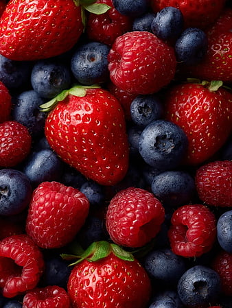 Close-up of Fresh Strawberries, Raspberries, and Blueberries
