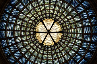 Ornate Stained Glass Dome Ceiling with Central Chandelier