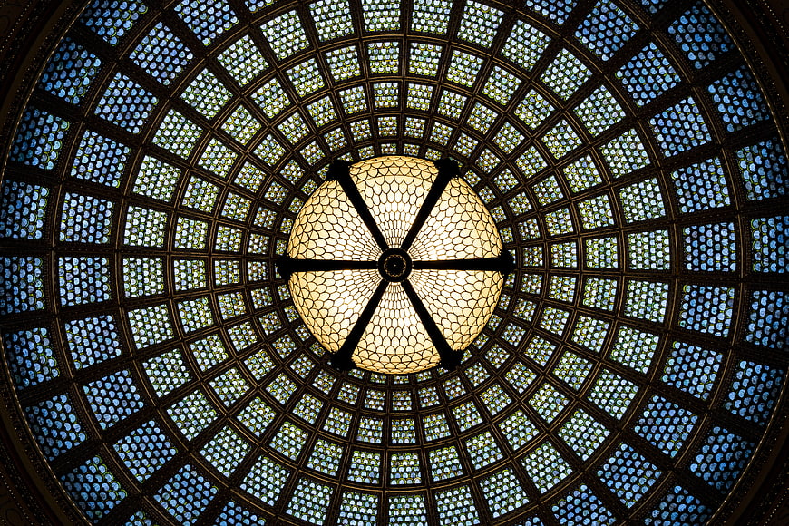 Ornate Stained Glass Dome Ceiling with Central Chandelier