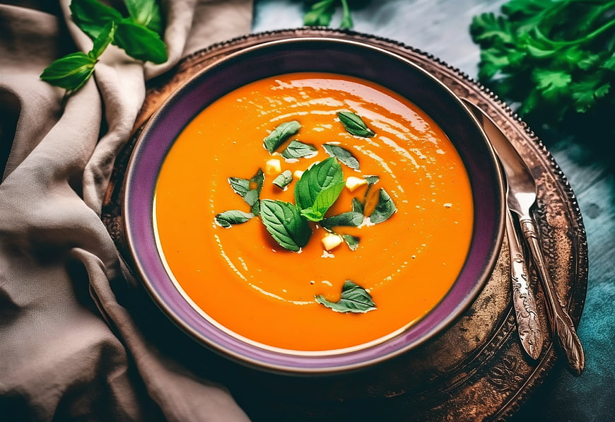 Overhead View of Creamy Tomato Basil Soup with Fresh Garnish