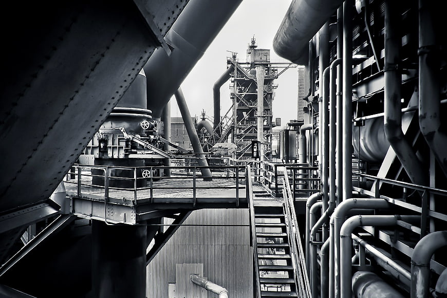 Black and white industrial steel mill architecture
