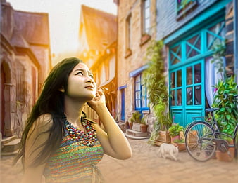 Young Woman in Colorful Dress on European Street