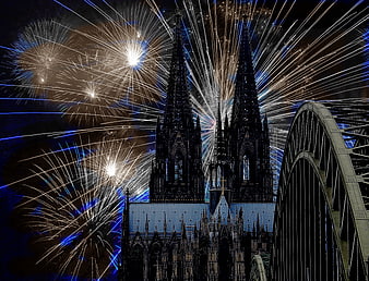 Cologne Cathedral fireworks display at night
