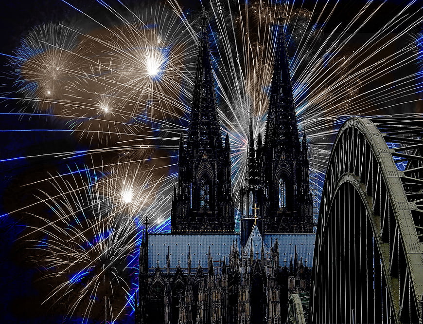 Cologne Cathedral fireworks display at night