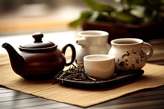 Traditional Tea Set with Ceramic Cups and Teapot