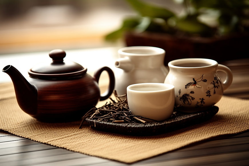 Traditional Tea Set with Ceramic Cups and Teapot