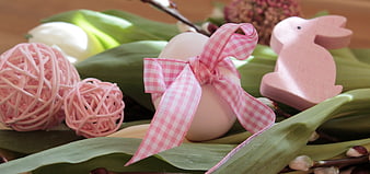 Pink Easter Egg with Gingham Ribbon and Wooden Bunny