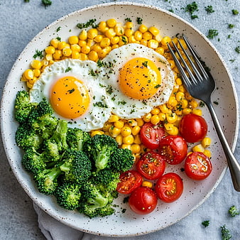 Overhead view of healthy breakfast bowl with eggs, broccoli, corn, and tomatoes