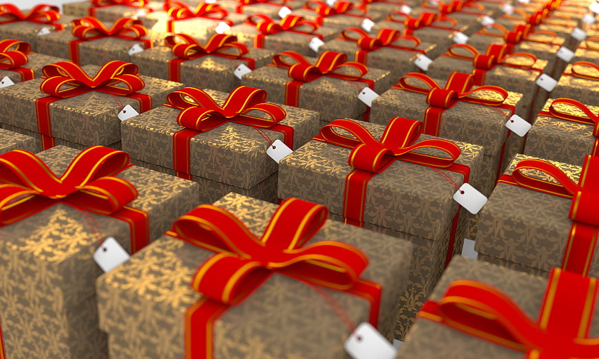 Rows of brown gift boxes with red ribbons and gold patterns
