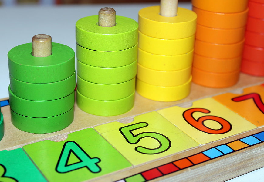 Colorful Wooden Counting Toy With Numbered Tiles And Stacked Beads