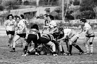 Women's Rugby Match Action in Black and White