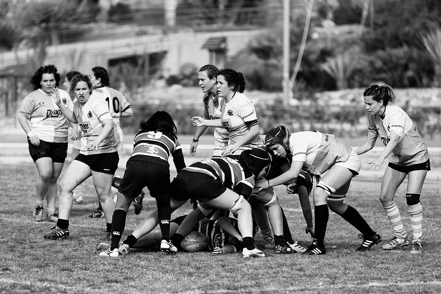 Women's Rugby Match Action in Black and White