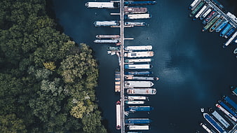 Aerial View of Narrowboats Docked in a Canal Marina