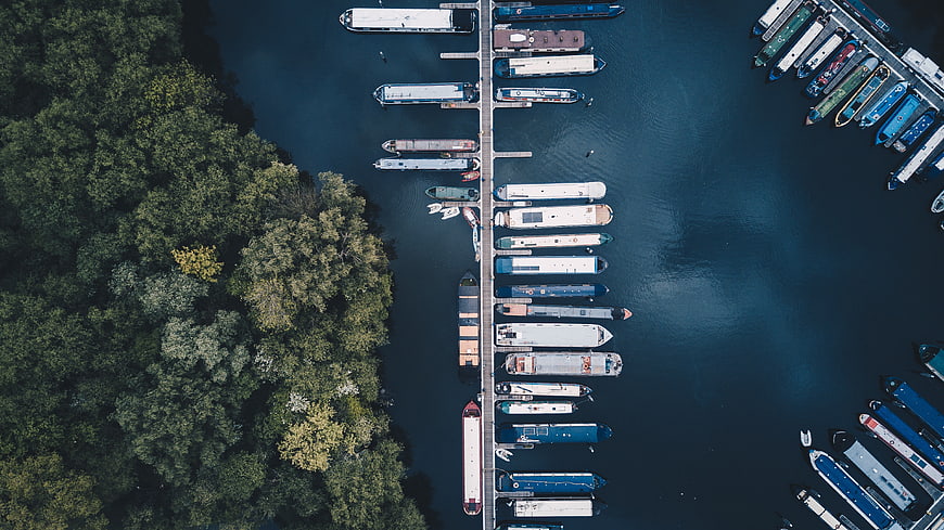 Aerial View of Narrowboats Docked in a Canal Marina