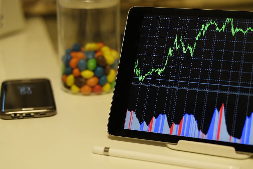 Tablet displaying stock market graph with smartphone and candy jar