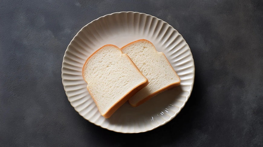 Two Slices of White Bread on a Fluted Ceramic Plate