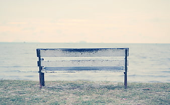 Lonely weathered wooden bench by the sea
