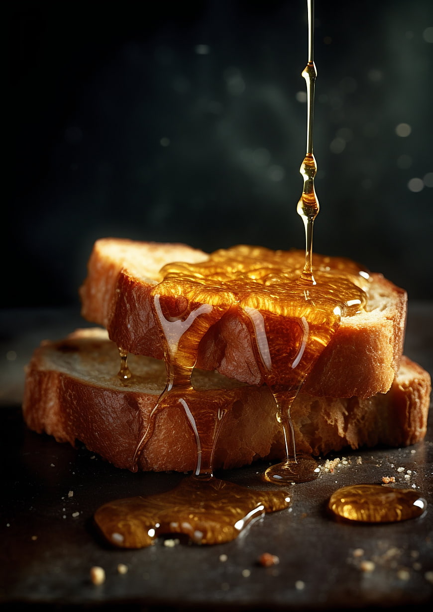 Golden Honey Pouring Over Toasted Bread Slices