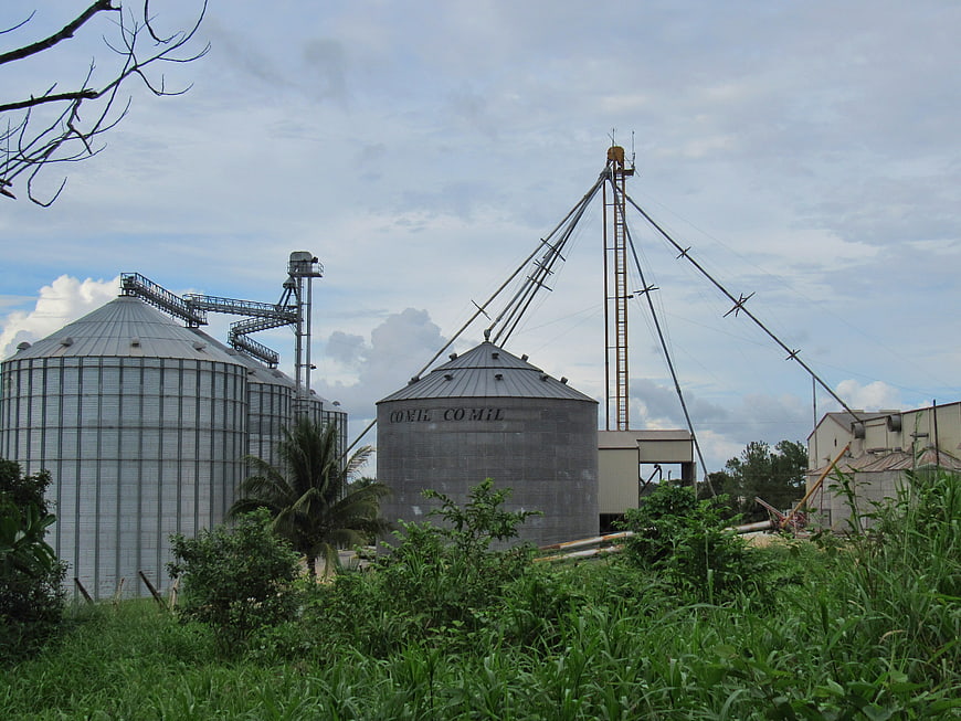 Industrial grain silos and storage tanks in rural landscape
