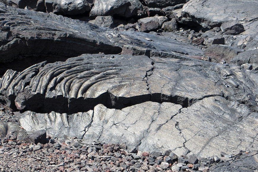 Close-up of textured black pahoehoe lava rock formations