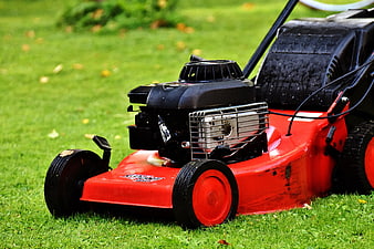 Red Push Lawn Mower On Green Grass