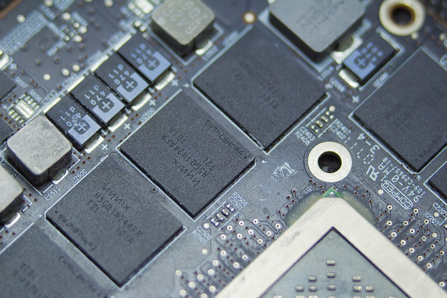 Close-up of computer motherboard circuit board components
